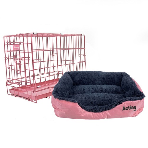 Pink dog cage with faux - dog, fur