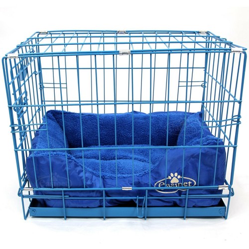 Blue dog cage with faux - with, fur